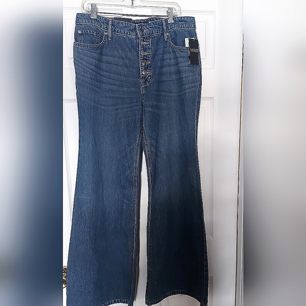 Ralph Lauren Denim Flare Pants High Waist Classic Fit Size 12 Casual Chic